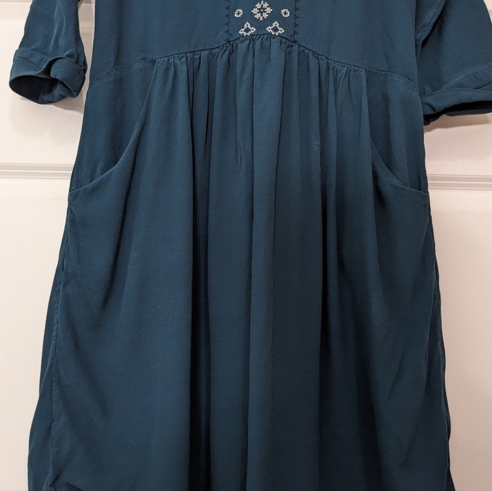 Garnet Hill Dress Women's 6 Green Teal Embroidered Detail Boho Pockets - Picture 2 of 6